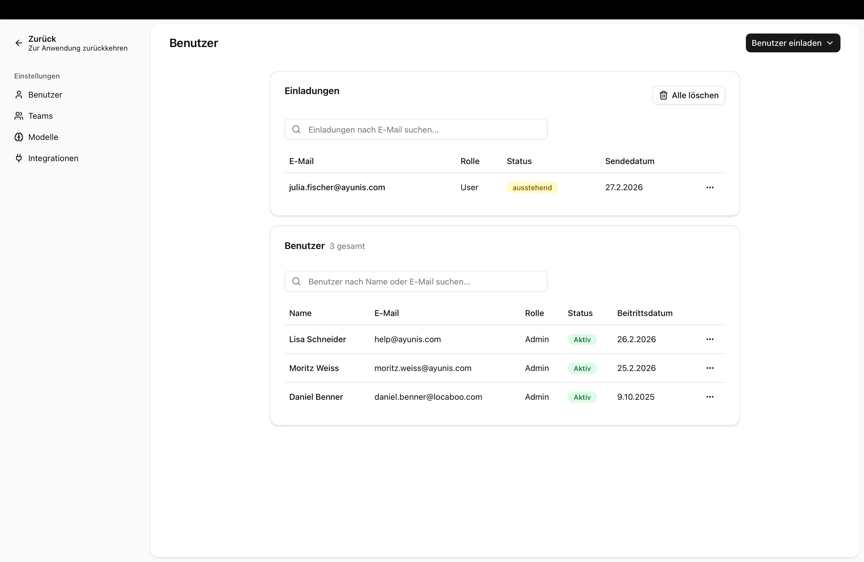 Die Benutzerliste mit Spalten für Name, E-Mail, Rolle und Beitrittsdatum.