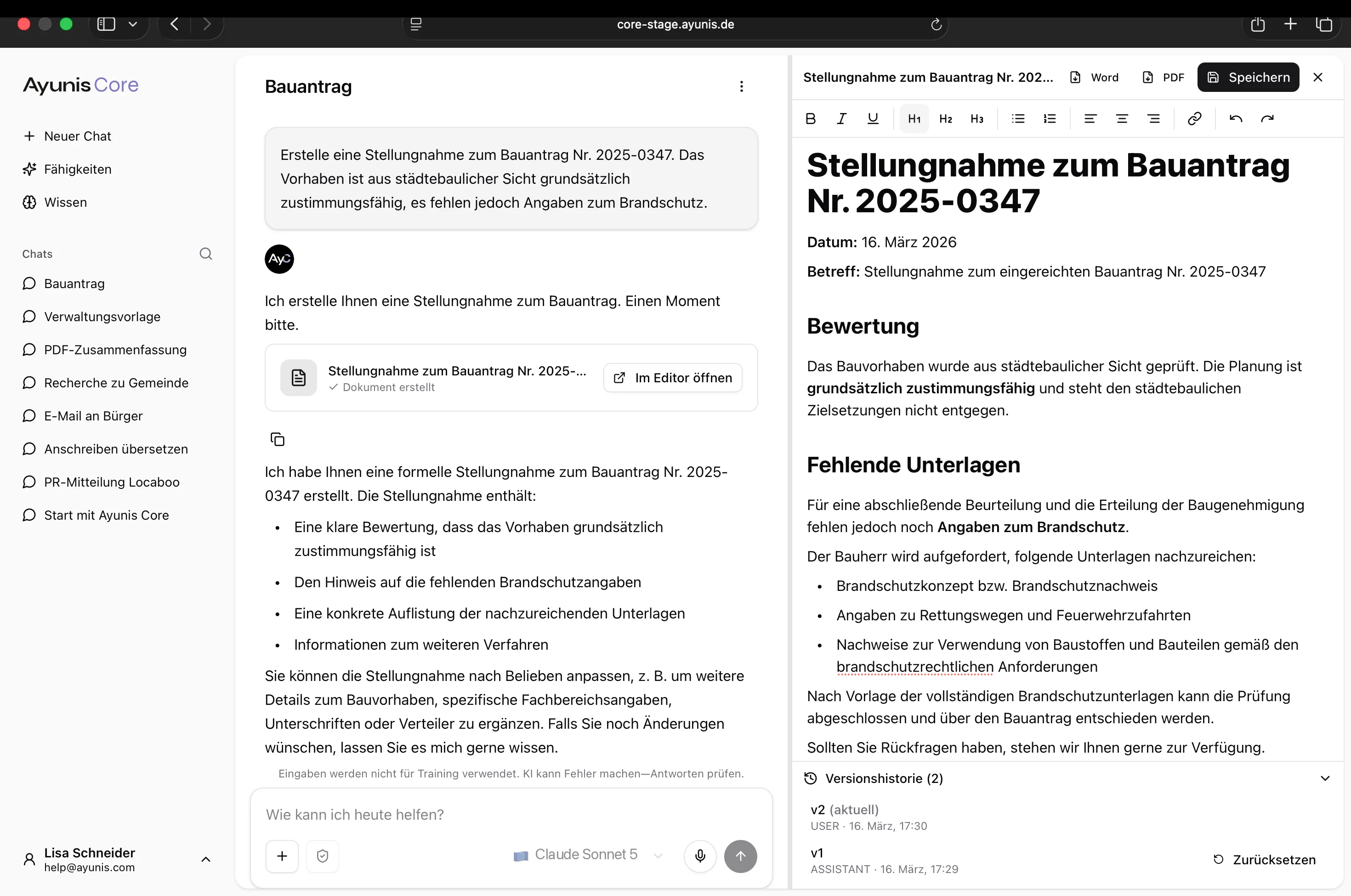 The Editor next to the chat: on the left the conversation with the created document, on the right the Editor with formatting toolbar, export options, and version history.