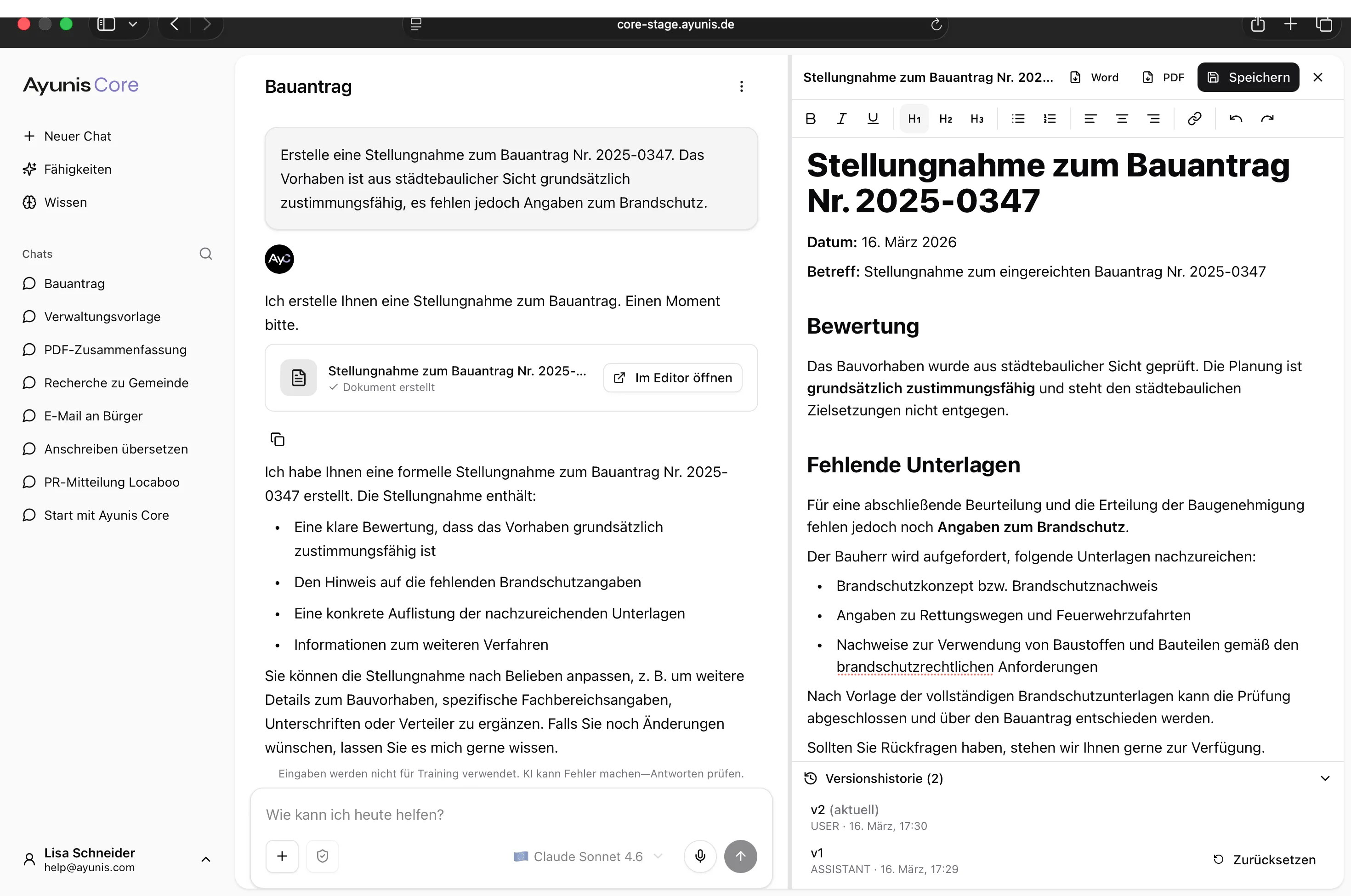 Der Editor neben dem Chat: links die Konversation mit dem erstellten Dokument, rechts der Editor mit Formatierungsleiste, Export-Optionen und Versionshistorie.