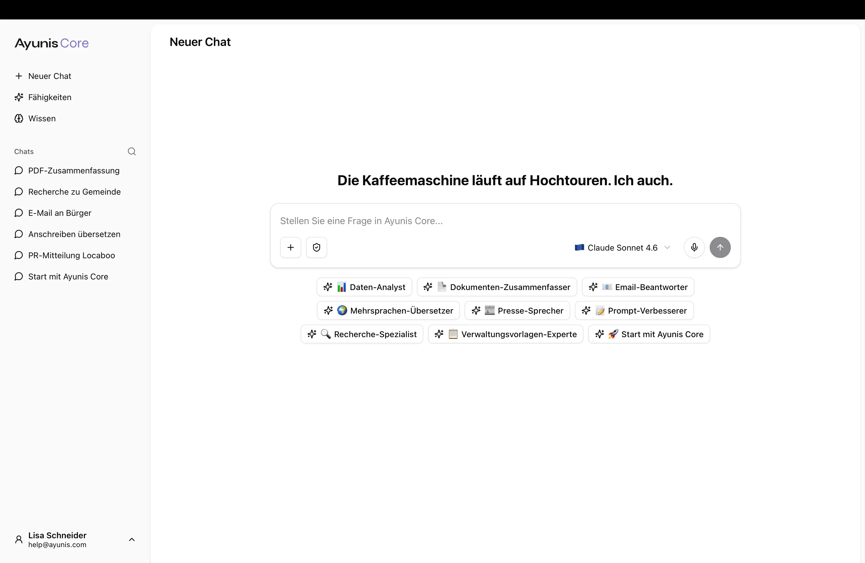 Ein neuer, leerer Chat mit dem Eingabefeld und den Optionen zur Auswahl von Fähigkeiten, Sprachmodell und Wissenssammlungen.