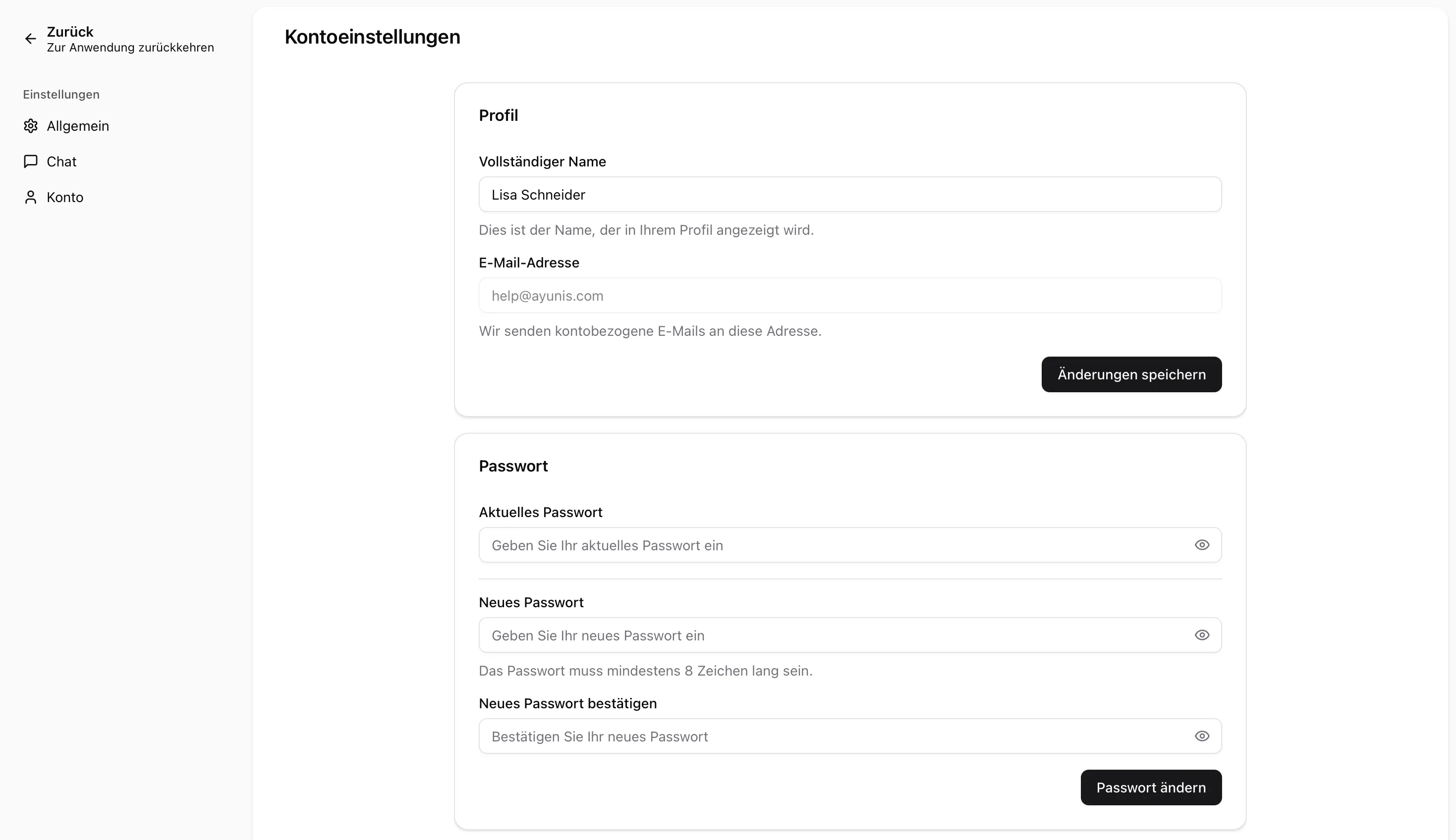 The account settings showing the fields for name, email address, and password change.