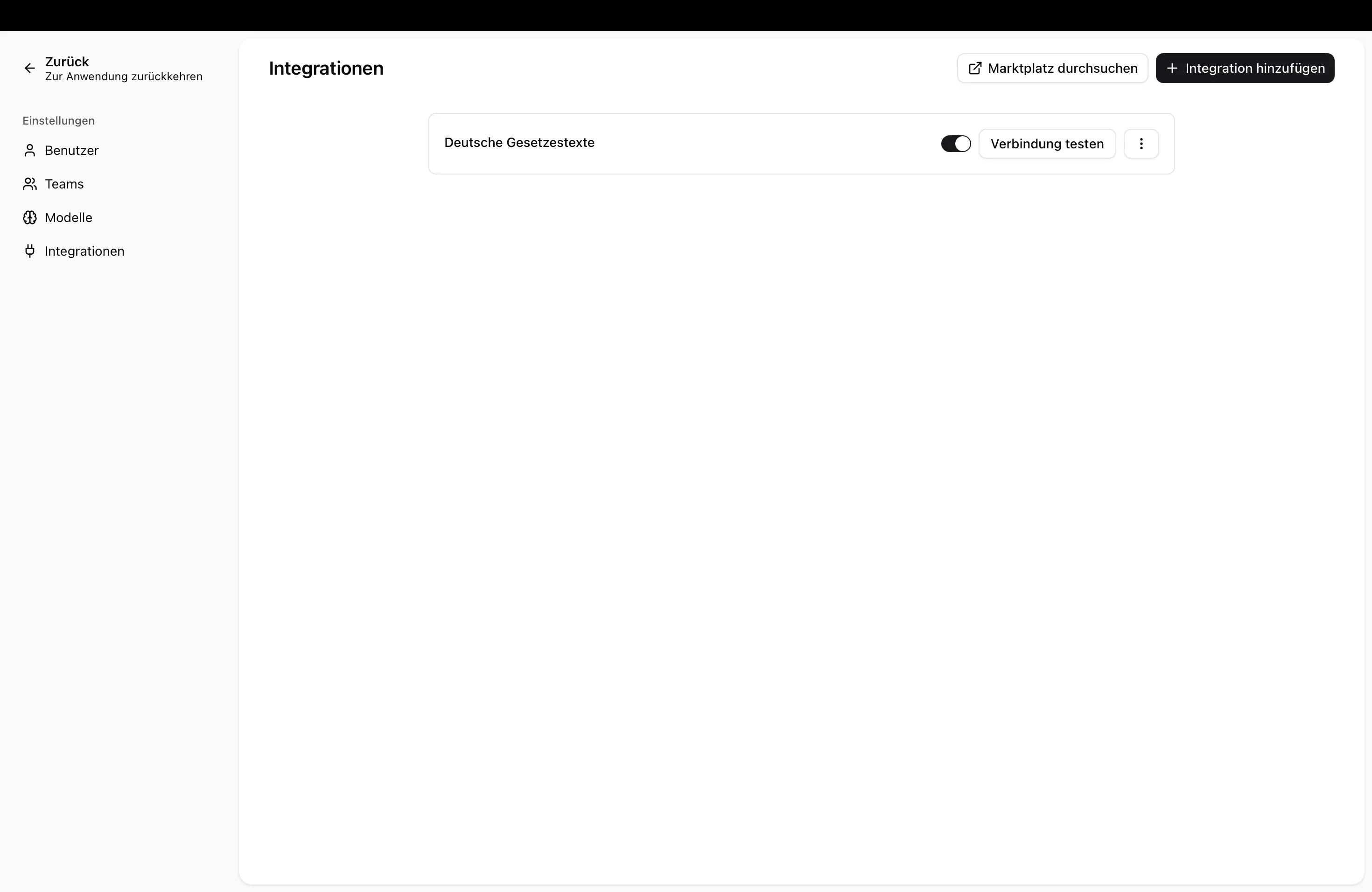 Die Integrationen-Übersicht mit der Liste verfügbarer Integrationen und deren Verbindungsstatus.