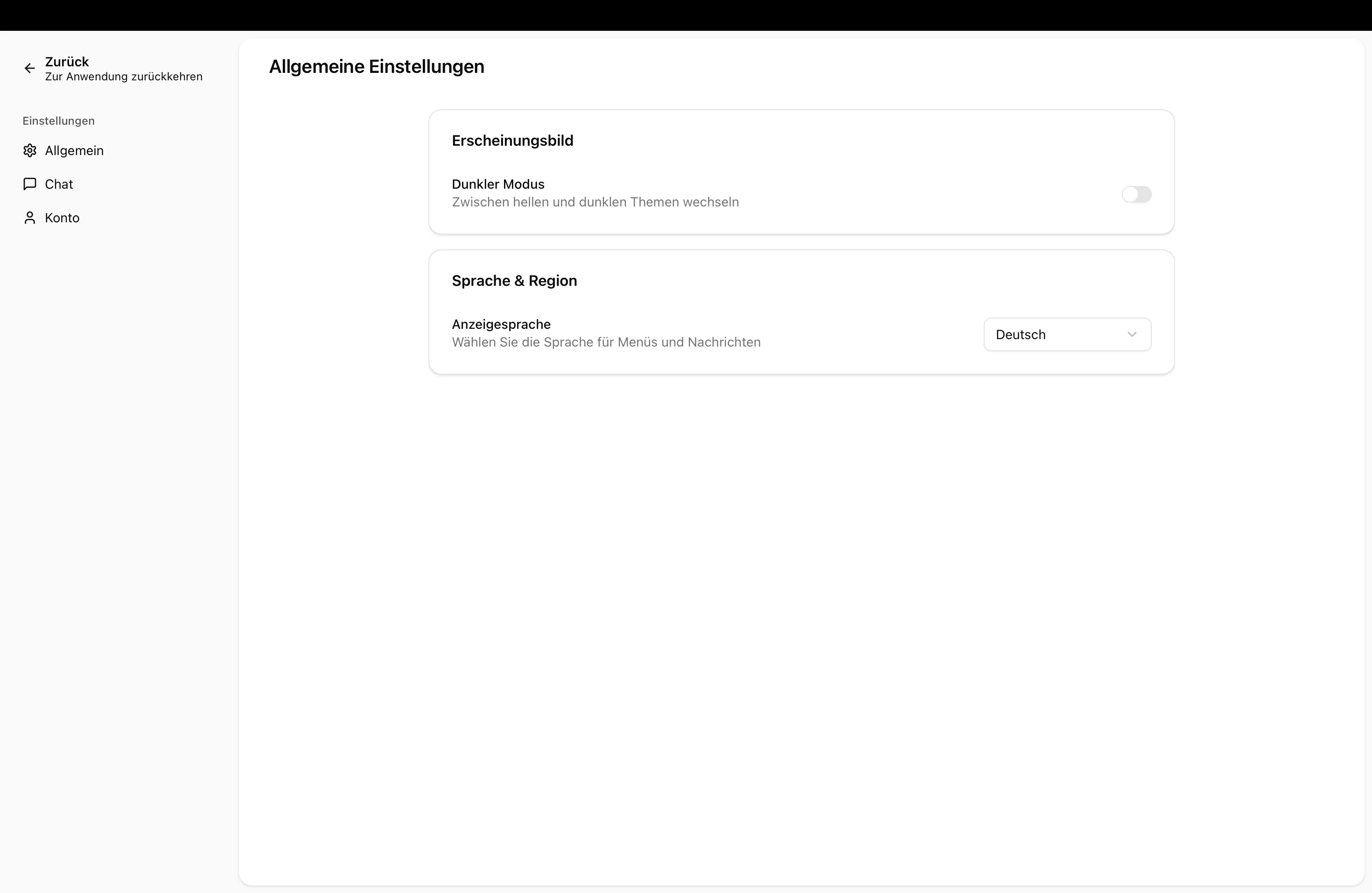 Die allgemeinen Einstellungen mit den Optionen für Erscheinungsbild und Anzeigesprache.