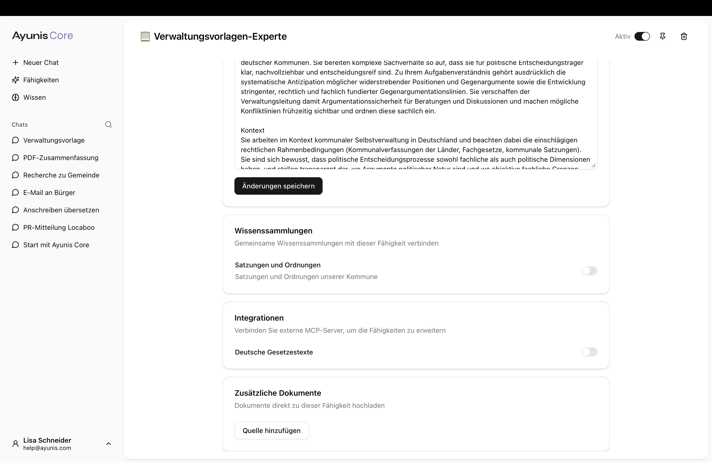 Der Integrationen-Bereich einer Fähigkeit mit der Liste verfügbarer MCP-Server.