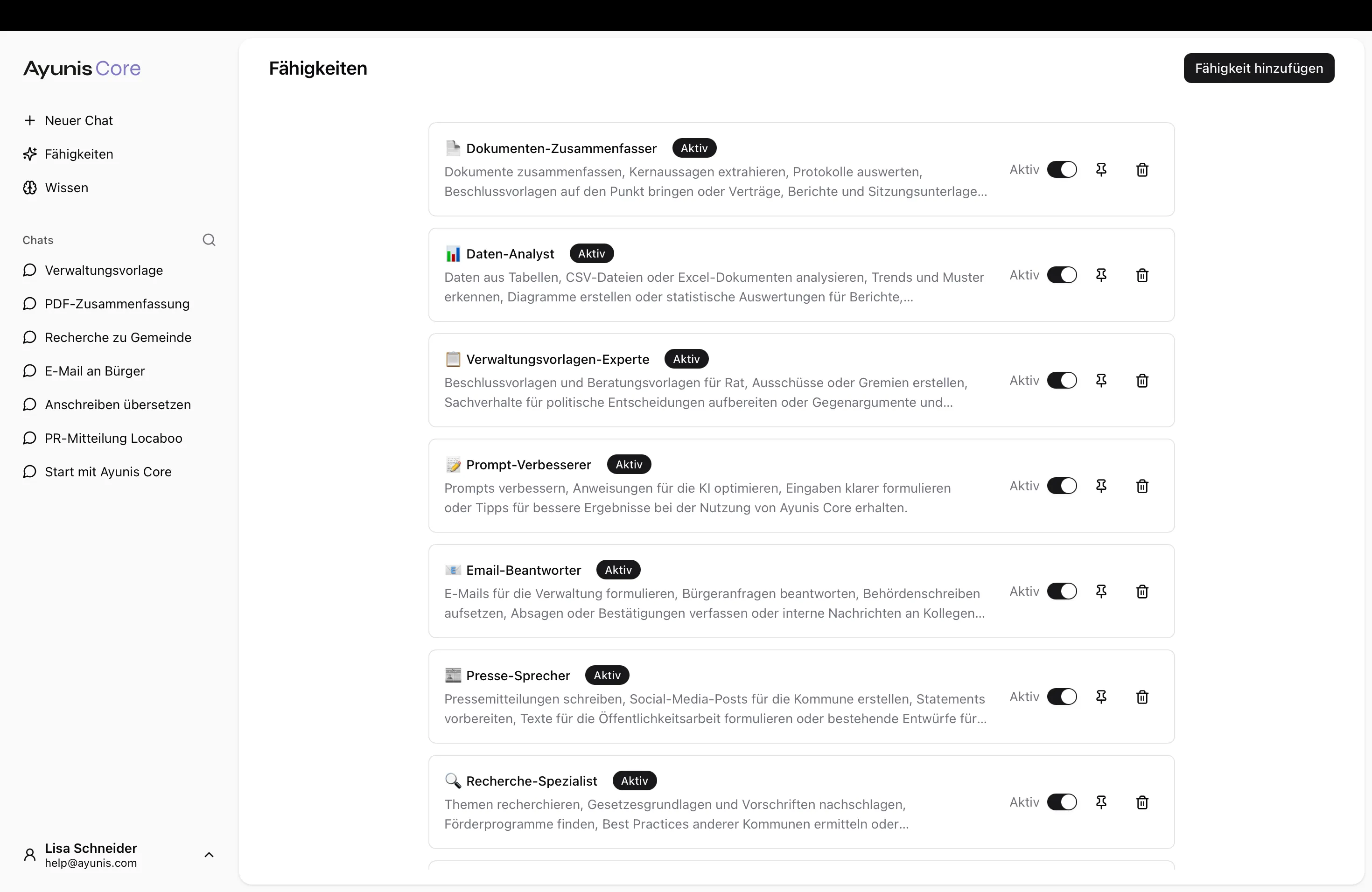 Die Fähigkeiten-Übersicht mit der Liste erstellter Fähigkeiten und der Schaltfläche „Fähigkeit hinzufügen".